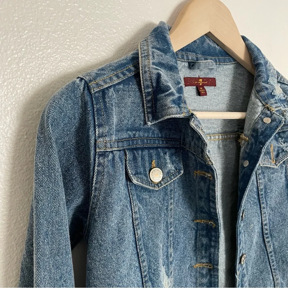 7 For All Mankind Wythe Girls Button Front Distressed Crop Denim Jean Jacket Y2K